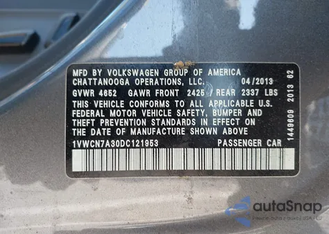 2013 Volkswagen Passat 2.0L Tdi Sel Premium z USA, uszkodzony, nr VIN 1VWCN7A30DC121953